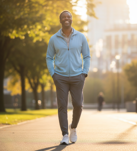 African American man looking energized and happy, stretching in morning sunlight, wellness aesthetic.