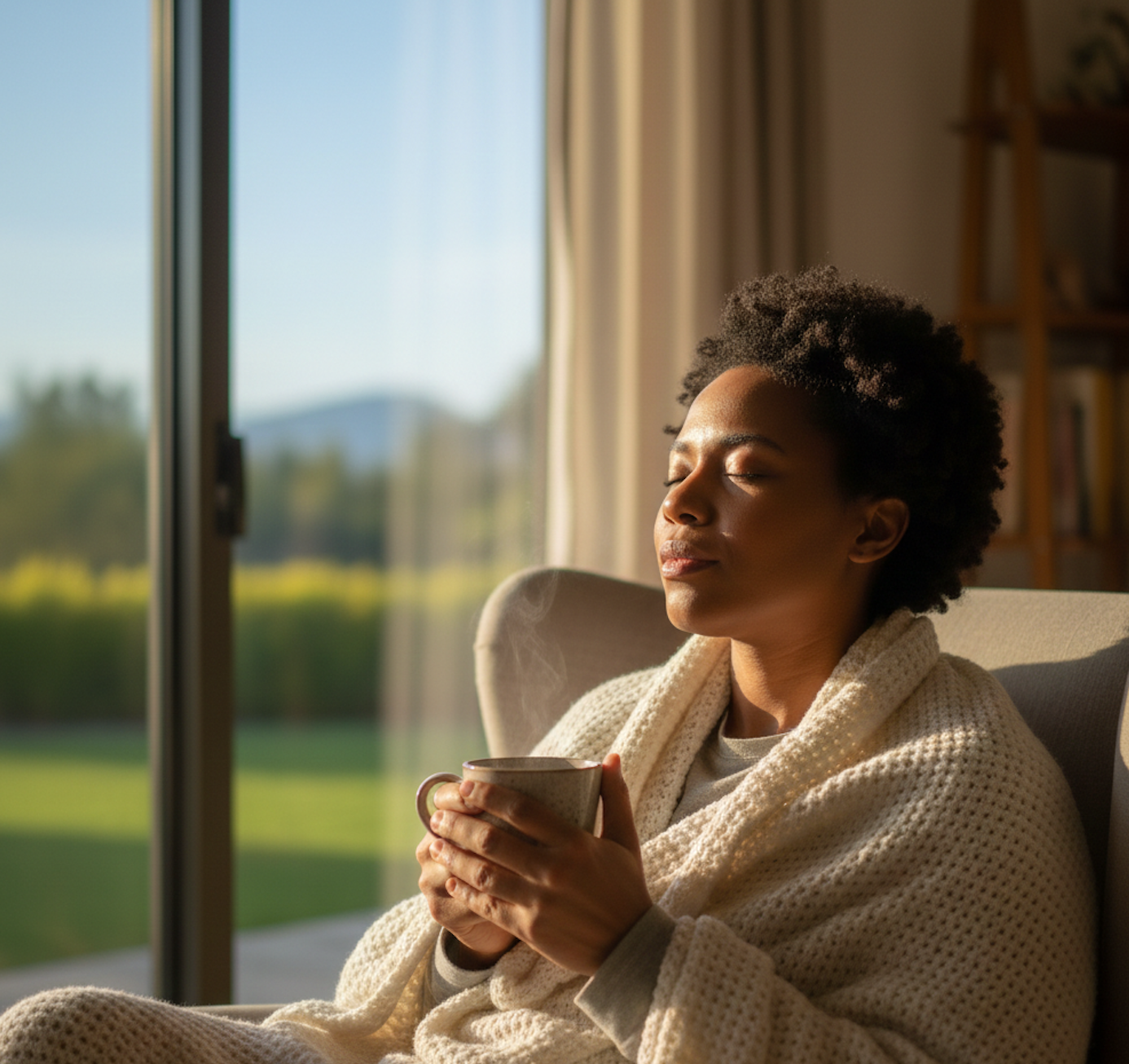 African American woman resting comfortably in a sunlit room, looking thoughtful and calm, wellness recovery theme.