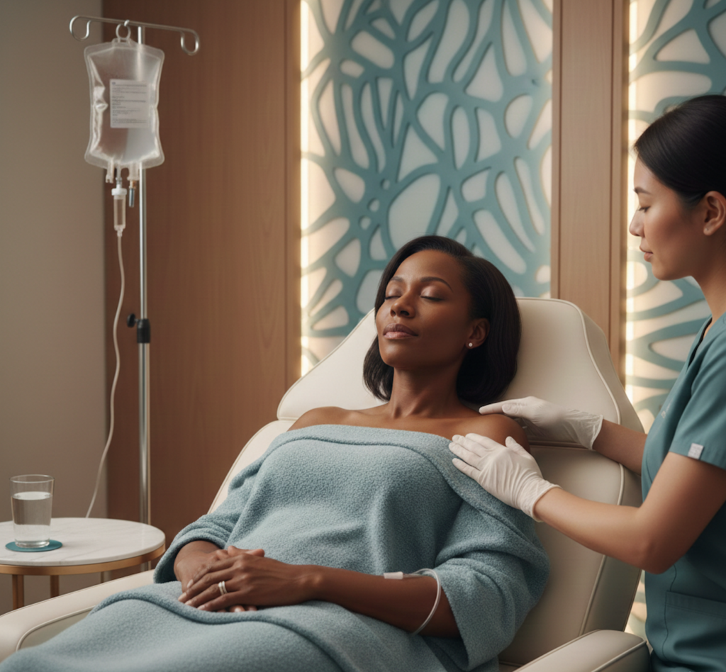 Calm African American woman receiving IV treatment in a modern medical spa setting, natural light, serene expression.