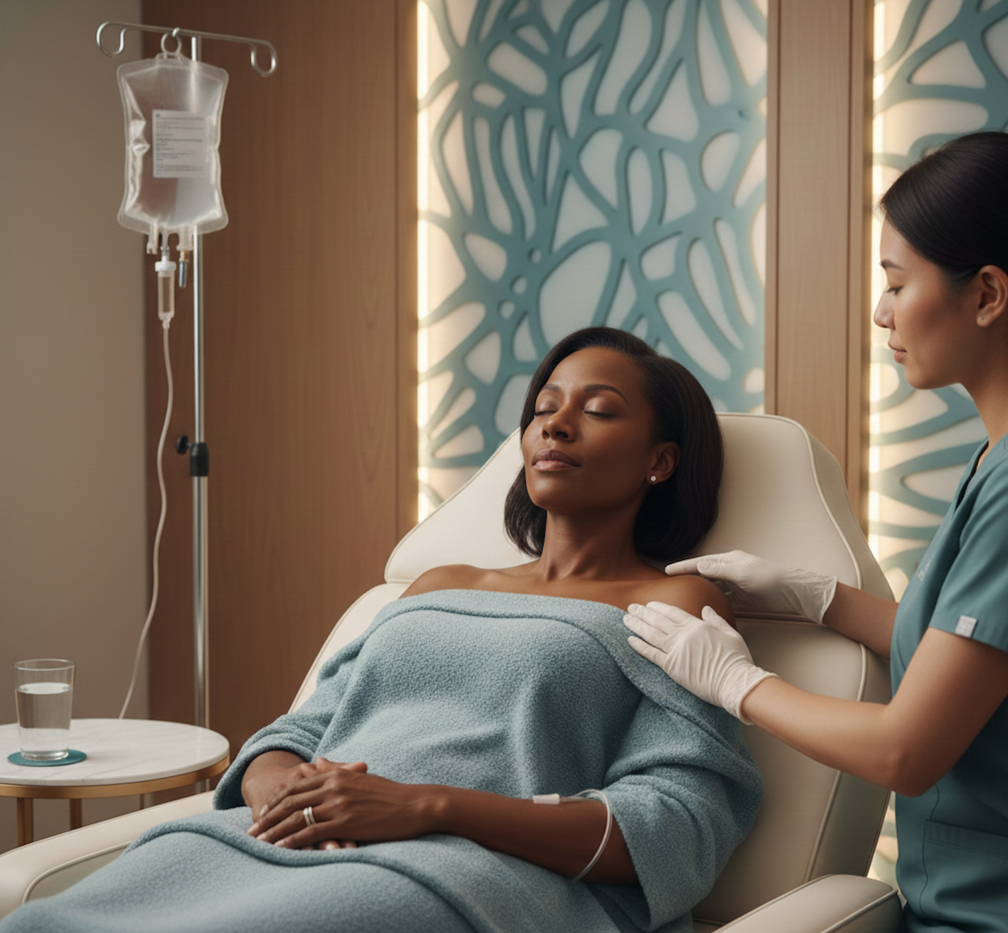 Calm African American woman receiving IV treatment in a modern medical spa setting, natural light, serene expression.