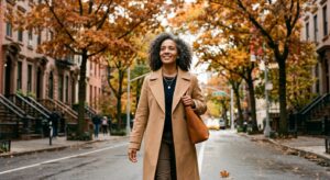Cozy, serene autumn scene with an energized person enjoying radiant health outdoors.